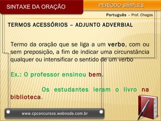 SINTAXE DA ORAÇÃO               PERÍODO SIMPLES
                                   Português – Prof. Chagas

TERMOS ACESSÓRIOS – ADJUNTO ADVERBIAL


 Termo da oração que se liga a um verbo, com ou
 sem preposição, a fim de indicar uma circunstância
 qualquer ou intensificar o sentido de um verbo

 Ex.: O professor ensinou bem.

           Os estudantes leram o livro na
 biblioteca.
 