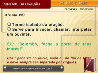 SINTAXE DA ORAÇÃO              PERÍODO SIMPLES
                                  Português – Prof. Chagas

O VOCATIVO

  Termo isolado da oração;
  Serve para invocar, chamar, interpelar
 um ouvinte.

 Ex.: “Colombo, fecha a porta de teus
 mares!”

 Obs.: pode vir no início, meio ou no fim da frase
 e deve sempre ser separado por vírgulas.
 