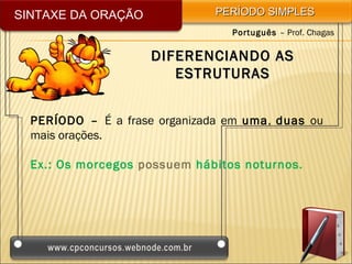 SINTAXE DA ORAÇÃO              PERÍODO SIMPLES
                                 Português – Prof. Chagas

                    DIFERENCIANDO AS
                       ESTRUTURAS


  PERÍODO – É a frase organizada em uma, duas ou
  mais orações.

  Ex.: Os morcegos possuem hábitos noturnos.
 