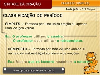SINTAXE DA ORAÇÃO                PERÍODO SIMPLES
                                    Português – Prof. Chagas

CLASSIFICAÇÃO DO PERÍODO
SIMPLES – Formado por uma única oração ou apenas
uma locução verbal.

Ex.: O professor utilizou o quadro.
     O professor pode utilizar o retroprojetor.

 COMPOSTO – Formado por mais de uma oração. O
 número de verbos é igual ao número de orações.

 Ex.: Espero que os homens respeitem a natureza.
 
