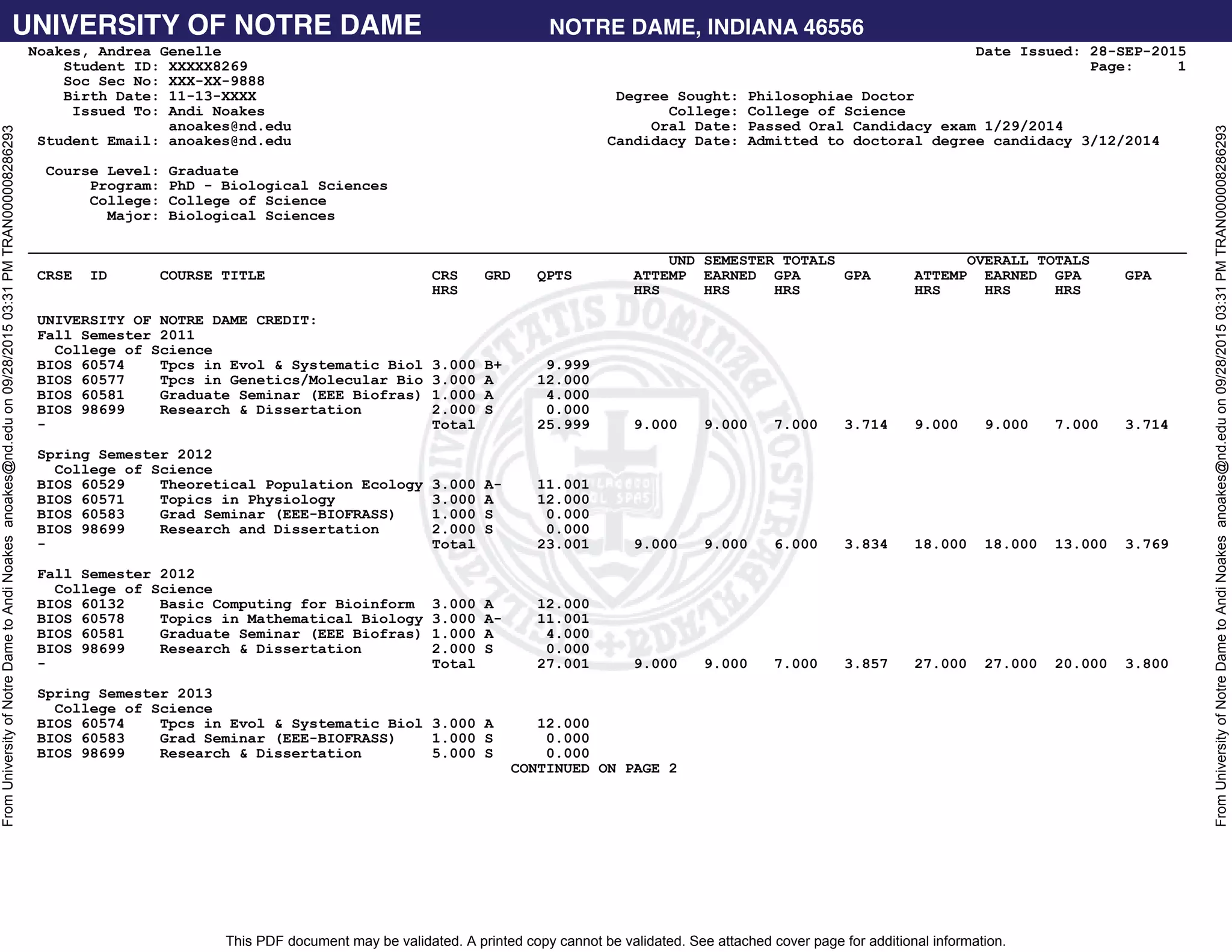 UNIVERSITY OF NOTRE DAME NOTRE DAME, INDIANA 46556
This PDF document may be validated. A printed copy cannot be validated. See attached cover page for additional information.
FromUniversityofNotreDametoAndiNoakesanoakes@nd.eduon09/28/201503:31PMTRAN000008286293
FromUniversityofNotreDametoAndiNoakesanoakes@nd.eduon09/28/201503:31PMTRAN000008286293
Noakes, Andrea Genelle Date Issued: 28-SEP-2015
Student ID: XXXXX8269 Page: 1
Soc Sec No: XXX-XX-9888
Birth Date: 11-13-XXXX Degree Sought: Philosophiae Doctor
Issued To: Andi Noakes College: College of Science
anoakes@nd.edu Oral Date: Passed Oral Candidacy exam 1/29/2014
Student Email: anoakes@nd.edu Candidacy Date: Admitted to doctoral degree candidacy 3/12/2014
Course Level: Graduate
Program: PhD - Biological Sciences
College: College of Science
Major: Biological Sciences
____________________________________________________________________________________________________________________________________
UND SEMESTER TOTALS OVERALL TOTALS
CRSE ID COURSE TITLE CRS GRD QPTS ATTEMP EARNED GPA GPA ATTEMP EARNED GPA GPA
HRS HRS HRS HRS HRS HRS HRS
UNIVERSITY OF NOTRE DAME CREDIT:
Fall Semester 2011
College of Science
BIOS 60574 Tpcs in Evol & Systematic Biol 3.000 B+ 9.999
BIOS 60577 Tpcs in Genetics/Molecular Bio 3.000 A 12.000
BIOS 60581 Graduate Seminar (EEE Biofras) 1.000 A 4.000
BIOS 98699 Research & Dissertation 2.000 S 0.000
- Total 25.999 9.000 9.000 7.000 3.714 9.000 9.000 7.000 3.714
Spring Semester 2012
College of Science
BIOS 60529 Theoretical Population Ecology 3.000 A- 11.001
BIOS 60571 Topics in Physiology 3.000 A 12.000
BIOS 60583 Grad Seminar (EEE-BIOFRASS) 1.000 S 0.000
BIOS 98699 Research and Dissertation 2.000 S 0.000
- Total 23.001 9.000 9.000 6.000 3.834 18.000 18.000 13.000 3.769
Fall Semester 2012
College of Science
BIOS 60132 Basic Computing for Bioinform 3.000 A 12.000
BIOS 60578 Topics in Mathematical Biology 3.000 A- 11.001
BIOS 60581 Graduate Seminar (EEE Biofras) 1.000 A 4.000
BIOS 98699 Research & Dissertation 2.000 S 0.000
- Total 27.001 9.000 9.000 7.000 3.857 27.000 27.000 20.000 3.800
Spring Semester 2013
College of Science
BIOS 60574 Tpcs in Evol & Systematic Biol 3.000 A 12.000
BIOS 60583 Grad Seminar (EEE-BIOFRASS) 1.000 S 0.000
BIOS 98699 Research & Dissertation 5.000 S 0.000
CONTINUED ON PAGE 2
 