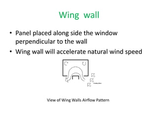 Wing wall
• Panel placed along side the window
perpendicular to the wall
• Wing wall will accelerate natural wind speed
View of Wing Walls Airflow Pattern
 