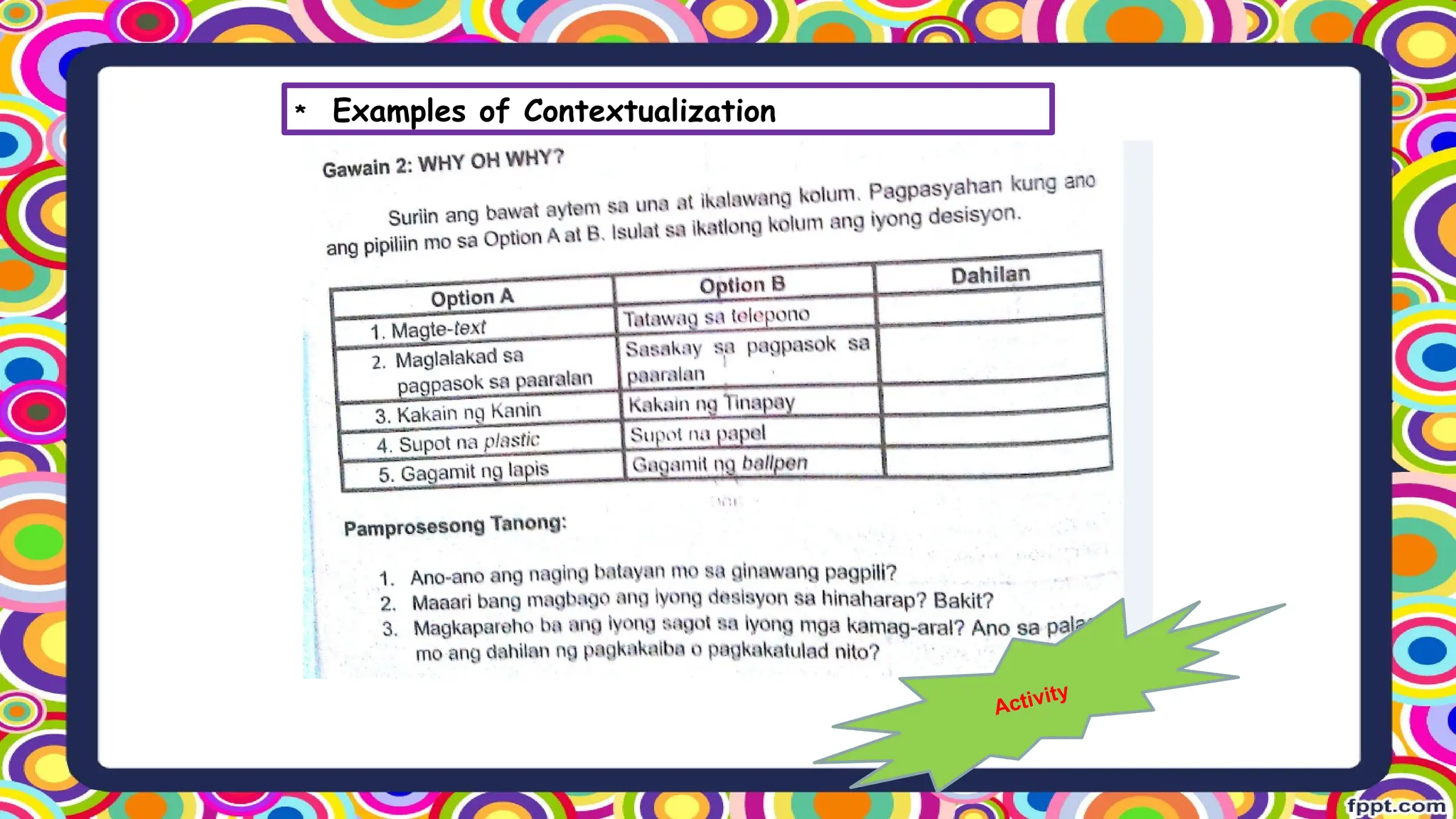 * Examples of Contextualization
Activity
 