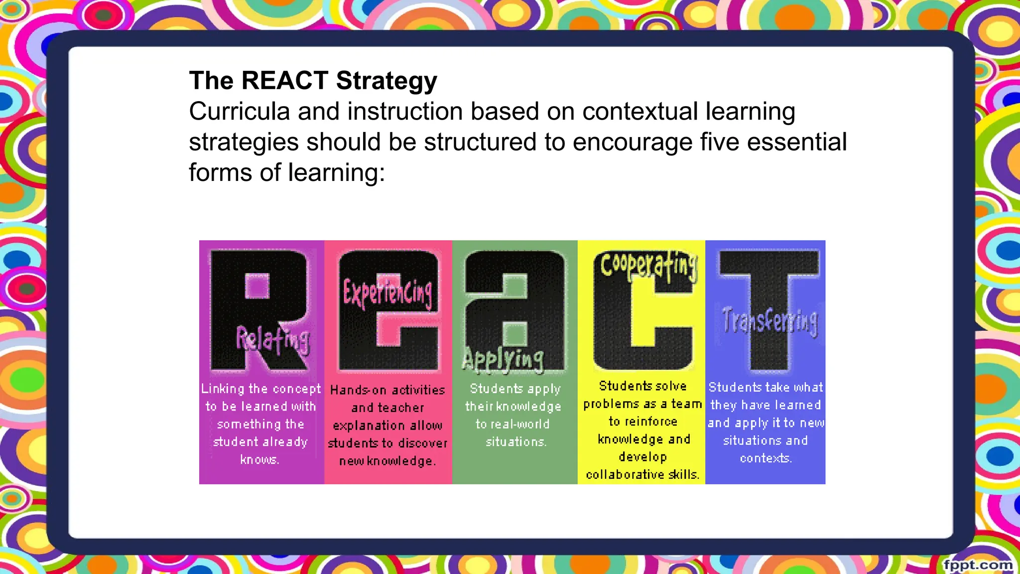 The REACT Strategy
Curricula and instruction based on contextual learning
strategies should be structured to encourage five essential
forms of learning:
EXPERIENCING
 