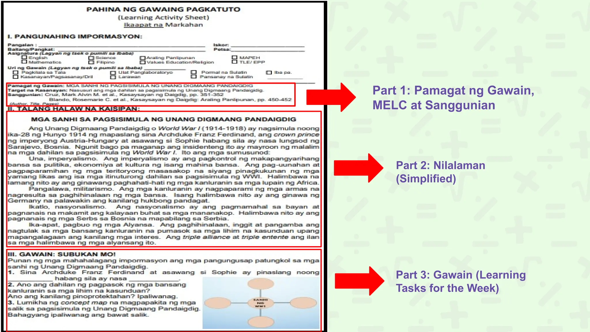 Part 1: Pamagat ng Gawain,
MELC at Sanggunian
Part 2: Nilalaman
(Simplified)
Part 3: Gawain (Learning
Tasks for the Week)
 