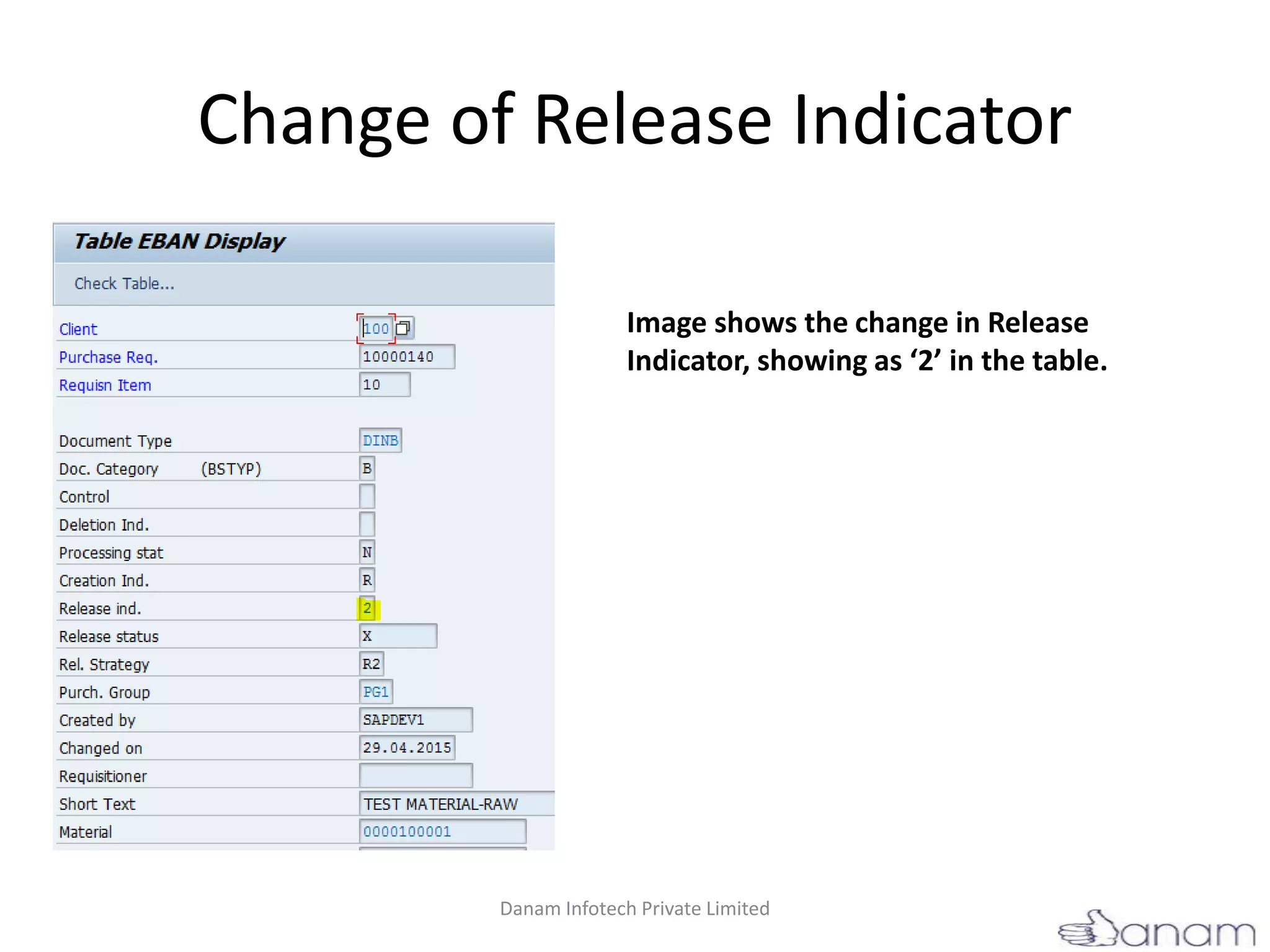 Change of Release Indicator
Image shows the change in Release
Indicator, showing as ‘2’ in the table.
Danam Infotech Private Limited
 