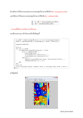 MATLAB 58170038
ถ้าเราต้องการให้โปรแกรมแสดงการระบายของลุ่มน้าสามารถใช้คาสั่ง DB = drainagebasins (FD) ;
และถ้าต้องการให้แสดงการแยกของลุ่มน้าสามารถใช้คาสั่ง DB = sufflelabel (DB) ;
**หน่วยที่ใช้ในการแบ่งคือ ตารางกิโลเมตร
และเมื่อเรากด Enter แล้วโปรแกรมก็จะขึ้นข้อมูลนี้
จะได้รูปดังนี้
 