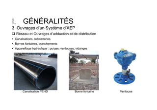 I. GÉNÉRALITÉS
3. Ouvrages d’un Système d’AEP
 Réseau et Ouvrages d’adduction et de distribution
• Canalisations, robinetteries
• Bornes fontaines, branchements
• Appareillage hydraulique : purges, ventouses, vidanges
Canalisation PEHD Borne fontaine Ventouse
 