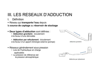 III. LES RESEAUX D’ADDUCTION
I. Définition
 Réseau qui transporte l’eau depuis
la source de captage au réservoir de stockage
 Deux types d’adduction sont définies :
• Adduction gravitaire : écoulement
à la faveur d’une dénivelée
• Adduction par refoulement : écoulement
à la faveur d’un apport d’énergie externe (pompe)
 Réseaux généralement sous pression
• Lois de l’hydraulique en charge
applicables
• La pression de référence est
la pression atmosphérique
 