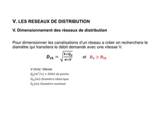 V. LES RESEAUX DE DISTRIBUTION
V. Dimensionnement des réseaux de distribution
Pour dimensionner les canalisations d’un réseau a créer on recherchera le
diamètre qui transitera le débit demandé avec une vitesse V.
𝒑
et 𝒏 𝒕𝒉
V (m/s): Vitesse
𝑄 (𝑚 𝑠)
⁄ = 𝐷é𝑏𝑖𝑡 𝑑𝑒 𝑝𝑜𝑖𝑛𝑡𝑒
𝐷 𝑚 : 𝐷𝑖𝑎𝑚è𝑡𝑟𝑒 𝑡ℎé𝑜𝑟𝑖𝑞𝑢𝑒
𝐷 𝑚 : 𝐷𝑖𝑎𝑚è𝑡𝑟𝑒 𝑛𝑜𝑚𝑖𝑛𝑎𝑙
 