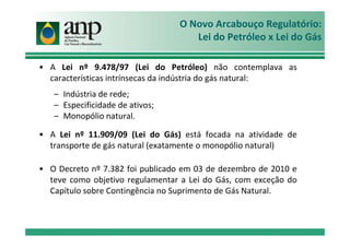 O Novo Arcabouço Regulatório:
Lei do Petróleo x Lei do Gás
• A Lei nº 9.478/97 (Lei do Petróleo) não contemplava as
características intrínsecas da indústria do gás natural:
– Indústria de rede;
– Especificidade de ativos;
– Monopólio natural.
• A Lei nº 11.909/09 (Lei do Gás) está focada na atividade de
transporte de gás natural (exatamente o monopólio natural)
• O Decreto nº 7.382 foi publicado em 03 de dezembro de 2010 e
teve como objetivo regulamentar a Lei do Gás, com exceção do
Capítulo sobre Contingência no Suprimento de Gás Natural.
 