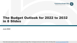 The Budget Outlook for 2022 to 2032
in 8 Slides
June 2022
These slides reprise graphics presented in Congressional Budget Office, The Budget and Economic Outlook: 2022 to 2032 (May 2022), www.cbo.gov/publication/57950.
 