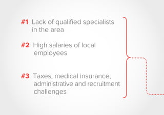 #1 Lack of qualified specialists
in the area
#2 High salaries of local
employees
#3 Taxes, medical insurance,
administrative and recruitment
challenges
 
