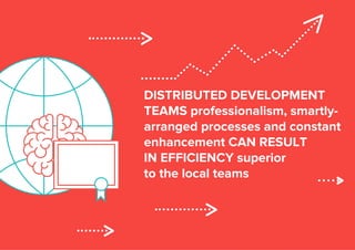 DISTRIBUTED DEVELOPMENT
TEAMS professionalism, smartly-
arranged processes and constant
enhancement CAN RESULT
IN EFFICIENCY superior
to the local teams
 