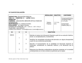 5




III. PLAN DE EVALUACIÓN

                                                                               MODALIDAD        OBJETIVO          CONTENIDO
ASIGNATURA: EDUCACIÓN ESPECIAL
COD: 581 CRÉDITOS: 04 LAPSO: 2009-2                                                                           ComponenteTeórico-
SEMESTRE: I                                                                                                   conceptual (Objs. 1,
CARRERA: EDUCACIÓN, MENCIÓN DIFICULTADES DE                                                                   2, 4, 5 y 6).
APRENDIZAJE.                                                                      Teórico-      1, 2, 3, 4,
RESPONSABLE: Lic. Zuleima Corredor.                                               Práctica      5, 6.         Componente
EVALUADOR: Lic. Aarom Oramas.                                                                                 Práctico (Obj. 3).
HORARIO DE ATENCIÓN: 8:00 – 12:30 a.m. – 2:00 – 4:30 p.m.
TELÉFONO: 0212-5552221.
CORREO ELECTRÓNICO: zcorredor@una.edu.ve, aoramas@una.edu.ve

      M                  U                O                                         OBJETIVOS

  ÚNICO                                   1         Delimitar el campo de la Educación Especial a partir de su evolución histórico-
                                                    social, su conceptualización y fundamentos.
                         1
                                           2        Identificar las necesidades educativas del alumnado con alguna discapacidad
                                                    a partir de sus condiciones personales.

                         2                3         Describir el funcionamiento de la modalidad de Educación Especial en
                                                    Venezuela, considerando su desarrollo histórico y los elementos que la
                                                    definen.

                         3                4         Relacionar las diferentes problemáticas educativas presentes en la sociedad
                                                    contemporánea con el (los) contexto (s) particular que la origina.




Revisión y ajustes de: Profa. Carmen López Corujo                                                                        UNA 2008
 
