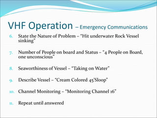 VHF Operation – Emergency Communications
6. State the Nature of Problem – “Hit underwater Rock Vessel
sinking”
7. Number of People on board and Status – “4 People on Board,
one unconscious”
8. Seaworthiness of Vessel – “Taking on Water”
9. Describe Vessel – “Cream Colored 45’Sloop”
10. Channel Monitoring – “Monitoring Channel 16”
11. Repeat until answered
 