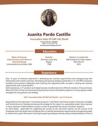Juanita Pardo Castillo
Innovation Sales VP SAP LAC North
Carrera 39 No 5B -10 Medellín
Mobile +57(310) 349-9154
pardocjuanita@gmail.com
Major of Business
Administration with Minor in
Industrial Design
Universidad de Los Andes, 2006
Bachelor
Gimnasio Santa Ana
Bogota
1998
Diploma in Leadership
SAP Academy for Sales Leaders
Palo Alto CA
2016
Over 12 years of extensive experience in developing new business opportunities and managing long-term
relationships with named customers, developing and growing strategic partnerships in IT and BPO companies.
Excellent communication, leadership, team building and negotiation skills, focused in creating new business
opportunities with mutual benefits.
Solid experience on IT products and digital business transformation for different industries (Financial Sector,
Retail and CPG ) for their core processes, keeping the promise of the delivery, based on a strong capacity in team
management and guidance and strategy.
SAP Innovation Sales VP SAP LAC North  Jan 16-Present
Responsible for the sales team in Innovation products in LAC North (Colombia, Ecuador, Venezuela, Caribbean
and Central America). Develop and execute the strategy for this region in a sustainable market. Senior sponsor
in many customers implementation projects in order to guarantee the success innovation adoption.
As Team leader, responsible for supporting the success of not only direct reports, but the success of all
employees within the larger team by helping them to identify development opportunities and supporting peers
to achieve their goals. Permanent coaching recognizing employees directly and providing feedback on time to
Education
Experience
 