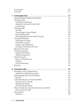 Trust Signals 110
Summary 111
7. Trusting Applications. . . . . . . . . . . . . . . . . . . . . . . . . . . . . . . . . . . . . . . . . . . . . . . . . . . . . . 113
Understanding the Application Pipeline 114
Trusting Source 115
Securing the Repository 116
Authentic Code and the Audit Trail 116
Code Reviews 118
Trusting Builds 118
The Risk 118
Trusted Input, Trusted Output 120
Reproducible Builds 120
Decoupling Release and Artifact Versions 121
Trusting Distribution 122
Promoting an Artifact 122
Distribution Security 123
Integrity and Authenticity 123
Trusting a Distribution Network 125
Humans in the Loop 126
Trusting an Instance 127
Upgrade-Only Policy 127
Authorized Instances 128
Runtime Security 130
Secure Coding Practices 130
Isolation 131
Active Monitoring 132
Summary 134
8. Trusting the Traffic. . . . . . . . . . . . . . . . . . . . . . . . . . . . . . . . . . . . . . . . . . . . . . . . . . . . . . . . 137
Encryption Versus Authentication 137
Authenticity Without Encryption? 138
Bootstrapping Trust: The First Packet 139
fwknop 140
A Brief Introduction to Network Models 142
Network Layers, Visually 142
OSI Network Model 143
TCP/IP Network Model 145
Where Should Zero Trust Be in the Network Model? 145
Client and Server Split 147
The Protocols 150
IKE/IPsec 150
vi | Table of Contents
 