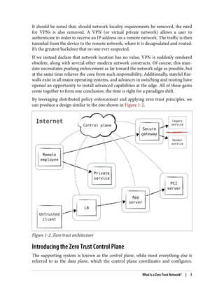 It should be noted that, should network locality requirements be removed, the need
for VPNs is also removed. A VPN (or virtual private network) allows a user to
authenticate in order to receive an IP address on a remote network. The traffic is then
tunneled from the device to the remote network, where it is decapsulated and routed.
It’s the greatest backdoor that no one ever suspected.
If we instead declare that network location has no value, VPN is suddenly rendered
obsolete, along with several other modern network constructs. Of course, this man‐
date necessitates pushing enforcement as far toward the network edge as possible, but
at the same time relieves the core from such responsibility. Additionally, stateful fire‐
walls exist in all major operating systems, and advances in switching and routing have
opened an opportunity to install advanced capabilities at the edge. All of these gains
come together to form one conclusion: the time is right for a paradigm shift.
By leveraging distributed policy enforcement and applying zero trust principles, we
can produce a design similar to the one shown in Figure 1-2.
Figure 1-2. Zero trust architecture
Introducing the Zero Trust Control Plane
The supporting system is known as the control plane, while most everything else is
referred to as the data plane, which the control plane coordinates and configures.
What Is a Zero Trust Network? | 3
 