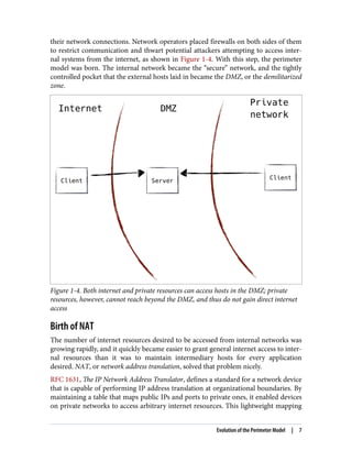 their network connections. Network operators placed firewalls on both sides of them
to restrict communication and thwart potential attackers attempting to access inter‐
nal systems from the internet, as shown in Figure 1-4. With this step, the perimeter
model was born. The internal network became the “secure” network, and the tightly
controlled pocket that the external hosts laid in became the DMZ, or the demilitarized
zone.
Figure 1-4. Both internet and private resources can access hosts in the DMZ; private
resources, however, cannot reach beyond the DMZ, and thus do not gain direct internet
access
Birth of NAT
The number of internet resources desired to be accessed from internal networks was
growing rapidly, and it quickly became easier to grant general internet access to inter‐
nal resources than it was to maintain intermediary hosts for every application
desired. NAT, or network address translation, solved that problem nicely.
RFC 1631, The IP Network Address Translator, defines a standard for a network device
that is capable of performing IP address translation at organizational boundaries. By
maintaining a table that maps public IPs and ports to private ones, it enabled devices
on private networks to access arbitrary internet resources. This lightweight mapping
Evolution of the Perimeter Model | 7
 