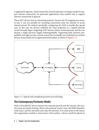 is application-agnostic, which meant that network operators no longer needed to sup‐
port internet connectivity for particular applications; they needed only to support
internet connectivity in general.
These NAT devices had an interesting property: because the IP mapping was many-
to-one, it was not possible for incoming connections from the internet to access
internal private IPs without specifically configuring the NAT to handle this special
case. In this way, the devices exhibited the same properties as a stateful firewall.
Actual firewalls began integrating NAT features almost instantaneously, and the two
became a single function, largely indistinguishable. Supporting both network com‐
patibility and tight security controls meant that eventually you could find one of these
devices at practically every organizational boundary, as shown in Figure 1-5.
Figure 1-5. Typical (and simplified) perimeter firewall design
The Contemporary Perimeter Model
With a firewall/NAT device between the internal network and the internet, the secu‐
rity zones are clearly forming. There is the internal “secure” zone, the DMZ (demilita‐
rized zone), and the untrusted zone (aka the internet). If at some point in the future,
this organization needed to interconnect with another, a device would be placed on
8 | Chapter 1: Zero Trust Fundamentals
 
