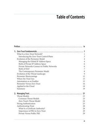 Table of Contents
Preface. . . . . . . . . . . . . . . . . . . . . . . . . . . . . . . . . . . . . . . . . . . . . . . . . . . . . . . . . . . . . . . . . . . . . . . ix
1. Zero Trust Fundamentals. . . . . . . . . . . . . . . . . . . . . . . . . . . . . . . . . . . . . . . . . . . . . . . . . . . . . 1
What Is a Zero Trust Network? 1
Introducing the Zero Trust Control Plane 3
Evolution of the Perimeter Model 4
Managing the Global IP Address Space 4
Birth of Private IP Address Space 6
Private Networks Connect to Public Networks 6
Birth of NAT 7
The Contemporary Perimeter Model 8
Evolution of the Threat Landscape 9
Perimeter Shortcomings 12
Where the Trust Lies 15
Automation as an Enabler 15
Perimeter Versus Zero Trust 16
Applied in the Cloud 18
Summary 19
2. Managing Trust. . . . . . . . . . . . . . . . . . . . . . . . . . . . . . . . . . . . . . . . . . . . . . . . . . . . . . . . . . . . 21
Threat Models 23
Common Threat Models 23
Zero Trust’s Threat Model 24
Strong Authentication 25
Authenticating Trust 28
What Is a Certificate Authority? 28
Importance of PKI in Zero Trust 29
Private Versus Public PKI 29
iii
 