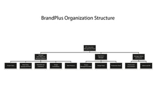BPS- Executive
Management Team
Manager-
Sales,Mktg and
Business Dvlpmnt
Project Sales
Retail Sales-
Signage and Print
POS/POP and
Exhibitions
Design
Consultancy
New Products
Operations
Manager
Project
Management Head
Design Head Production Head
Manager-Admin
and Finance
Finance and
Procurement
Admin and HR
BrandPlus Organization Structure
 