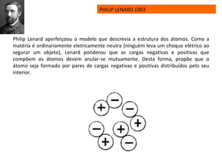 PHILIP LENARD 1903
Philip Lenard aperfeiçoou o modelo que descrevia a estrutura dos átomos. Como a
matéria é ordinariamente eletricamente neutra (ninguém leva um choque elétrico ao
segurar um objeto), Lenard ponderou que as cargas negativas e positivas que
compõem os átomos devem anular-se mutuamente. Desta forma, propõe que o
átomo seja formado por pares de cargas negativas e positivas distribuídos pelo seu
interior.
 