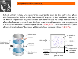 A experiência de Millikan 1908
Robert Millikan realizou um experimento pulverizando gotas de óleo entre duas placas
metálicas paralelas. Após a irradiação com raios-X, as gotas de óleo receberam elétrons do
ar. Millikan impediu que as gotas caíssem com uma variação no campo elétrico entre as
placas. Conhecendo a massa da gota de óleo e carga necessária para que esta permanecesse
suspensa, Millikan determinou a carga de elétron (-1,602x10-19
C). Utilizando a relação c/m do
elétron determinada por Thompson, Millikan calculou a massa do elétron (9,1x10-28
g).
 