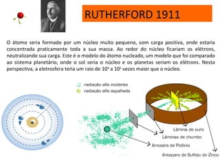 RUTHERFORD 1911
O átomo seria formado por um núcleo muito pequeno, com carga positiva, onde estaria
concentrada praticamente toda a sua massa. Ao redor do núcleo ficariam os elétrons,
neutralizando sua carga. Este é o modelo do átomo nucleado, um modelo que foi comparado
ao sistema planetário, onde o sol seria o núcleo e os planetas seriam os elétrons. Nesta
perspectiva, a eletrosfera teria um raio de 104
a 105
vezes maior que o núcleo.
 
