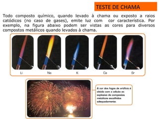 TESTE DE CHAMA
Todo composto químico, quando levado à chama ou exposto a raios
catódicos (no caso de gases), emite luz com cor característica. Por
exemplo, na figura abaixo podem ser vistas as cores para diversos
compostos metálicos quando levados à chama.
 