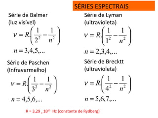 SÉRIES ESPECTRAIS
Série de Balmer
(luz visível)
,...5,4,3
1
2
1
. 22
=






−=
n
n
Rν
Série de Paschen
(Infravermelho)
,...6,5,4
1
3
1
. 22
=






−=
n
n
Rν
Série de Lyman
(ultravioleta)
,...4,3,2
1
1
1
. 22
=






−=
n
n
Rν
Série de Brecktt
(ultravioleta)
,...7,6,5
1
4
1
. 22
=






−=
n
n
Rν
R = 3,29 x 1015
Hz (constante de Rydberg)
 