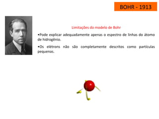 Limitações do modelo de Bohr
•Pode explicar adequadamente apenas o espectro de linhas do átomo
de hidrogênio.
•Os elétrons não são completamente descritos como partículas
pequenas.
BOHR - 1913
 
