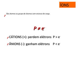 ÍONS
São átomos ou grupo de átomos com excesso de carga.
P ≠ eP ≠ e--
CÁTIONS (+):CÁTIONS (+): perdem elétrons P > eperdem elétrons P > e--
ÂNIONS (-): ganham elétrons P < eÂNIONS (-): ganham elétrons P < e--
 