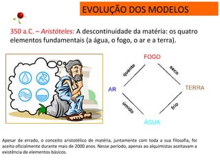 EVOLUÇÃO DOS MODELOS
350 a.C. – Aristóteles: A descontinuidade da matéria: os quatro
elementos fundamentais (a água, o fogo, o ar e a terra).
Apesar de errado, o conceito aristotélico de matéria, juntamente com toda a sua filosofia, foi
aceito oficialmente durante mais de 2000 anos. Nesse período, apenas ao alquimistas aceitavam a
existência de elementos básicos.
 