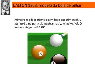 DALTON 1803: modelo da bola de bilhar
Primeiro modelo atômico com base experimental. O
átomo é uma partícula neutra maciça e indivisível. O
modelo vingou até 1897.
 