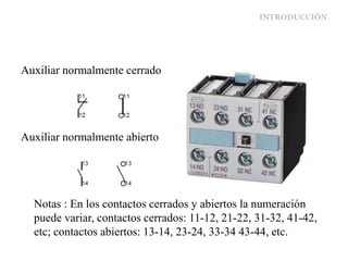 INTRODUCCIÓN
Auxiliar normalmente cerrado
Auxiliar normalmente abierto
Notas : En los contactos cerrados y abiertos la numeración
puede variar, contactos cerrados: 11-12, 21-22, 31-32, 41-42,
etc; contactos abiertos: 13-14, 23-24, 33-34 43-44, etc.
 