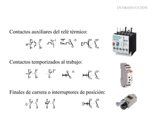 INTRODUCCIÓN
Contactos auxiliares del relé térmico:
Contactos temporizados al trabajo:
Finales de carrera o interruptores de posición:
 