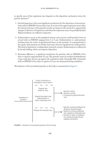 
. .   .
in speciﬁc areas of the respiratory tract depends on the deposition mechanism versus the
particle diameter.15
1. Inertial impaction is the most signiﬁcant mechanism for the deposition of aerosol par-
ticles with an MMAD of more than 5 µm.It occurs in the upper respiratory tracts when
the velocity and mass of the particles involve an impact on the airway.It is supported by
changes in direction of inspired air and when the respiratory tracts are partially blocked.
Hyperventilation can inﬂuence impaction.
2. Sedimentation occurs in the peripheral airways and concerns small particles from an
aerosol with an MMAD ranging from 1 to 5 µm. Sedimentation is a phenomenon
resulting from the action of gravitational forces on the particles. It is proportional to
the square of the particle size (Stokes law) and is thus less signiﬁcant for small particles.
This kind of deposition is independent of particle motion. Sedimentation is inﬂuenced
by breath holding, which can improve deposition.
3. Brownian diﬀusion is a signiﬁcant mechanism for particles with an MMAD of less
than or equal to approximately 0.5 µm.The particles move by random bombardments
of gas molecules and run up against the respiratory walls. Generally, 80% of particles
with an MMAD of less than or equal to 0.5 µm are eliminated during exhalation.
The behavior of the aerosolized particles in the body is summarized in Fıgure 5.
Inhalation of
particles
Losses of particles in
atmosphere and in device
Deposit into
mouth or nose
Deposit by impact and
sedimentation in
lower respiratory tract
Deposit into alveolar area
• Speciﬁc activity
• Systemic activity
• Crossing into gastrointestinal
tract
• Speciﬁc activity by diffusion of
drug into alveolar liquids
• Systemic activity by diffusion
into capillaries of bloodstream
• Activity on walls of capillaries
by carrying through alveolo-
capillary membrane
FIGURE 5. Behavior of aerosolized particles into the body.
 