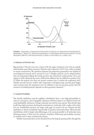 
   
3. Inﬂuence of Particle Size
Big particles (>10 µm) come into contact with the upper respiratory tract and are quickly
eliminated by mucociliary clearance. Particles with a diameter of 0.5–5 µm settle according
to various mechanisms. The optimum diameter for pulmonary penetration was studied on
monodispersed aerosols and is around 2–3 µm.16 Smaller particles can be exhaled before
they are deposited; holding the breath prevents this. Extremely small particles (<0.1 µm)
appear to settle eﬀectively by means of Brownian diﬀusion but are diﬃcult to produce (Fıg.
6). Often the particle size does not remain constant once it reaches the respiratory tract.
Volatile aerosols become smaller with evaporation, and hygroscopic aerosols grow bigger
with moisture from the respiratory tract. In addition, it has not yet been proven that the
retention of inhaled particles depends on their geometric diameter.17
4. Lung Permeability
The alveolar epithelium and the capillary endothelium have a very high permeability to
water, to most gases, and to lipophilic substances. However, there is an eﬀective barrier for
many hydrophilic substances of large molecular size and for ionic species.The alveolar type
I cells have tight junctions, limiting the penetration to molecules with a radius of less than
0.6 nm. Endothelial junctions are larger, with gaps of around 4–6 nm. Normal alveolar
epithelium is almost completely impermeable to proteins and small solutes. Microvascular
endothelium, with its larger intercellular gaps, is far more permeable to all molecular sizes,
allowing proteins to ﬂow into the systemic circulation. Pulmonary permeability increases
in smokers and in states of pulmonary disease.
Soluble macromolecules can be absorbed from the lung by passing either through the
FIGURE 6. Dependance of deposition of particulates on particle size. (Reprinted from Washington N,
Washington C, Wilson CG. Pulmonary drug delivery. In: Physiological Pharmaceutics Barriers to Drug
Absorption 2000:224, with kind permission of Taylor & Francis Book Ltd., London, UK.)
 