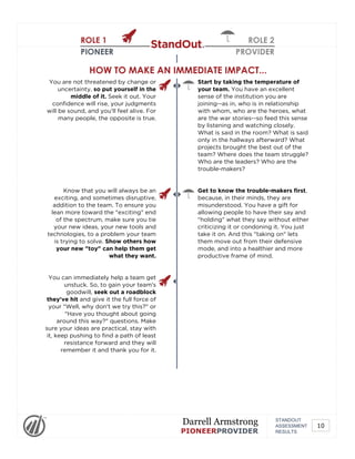 ROLE 1
PIONEER
ROLE 2
PROVIDER
HOW TO MAKE AN IMMEDIATE IMPACT...
You are not threatened by change or
uncertainty, so put yourself in the
middle of it. Seek it out. Your
confidence will rise, your judgments
will be sound, and you'll feel alive. For
many people, the opposite is true.
Start by taking the temperature of
your team. You have an excellent
sense of the institution you are
joining--as in, who is in relationship
with whom, who are the heroes, what
are the war stories--so feed this sense
by listening and watching closely.
What is said in the room? What is said
only in the hallways afterward? What
projects brought the best out of the
team? Where does the team struggle?
Who are the leaders? Who are the
trouble-makers?
Know that you will always be an
exciting, and sometimes disruptive,
addition to the team. To ensure you
lean more toward the "exciting" end
of the spectrum, make sure you tie
your new ideas, your new tools and
technologies, to a problem your team
is trying to solve. Show others how
your new "toy" can help them get
what they want.
Get to know the trouble-makers first,
because, in their minds, they are
misunderstood. You have a gift for
allowing people to have their say and
"holding" what they say without either
criticizing it or condoning it. You just
take it on. And this "taking on" lets
them move out from their defensive
mode, and into a healthier and more
productive frame of mind.
You can immediately help a team get
unstuck. So, to gain your team's
goodwill, seek out a roadblock
they've hit and give it the full force of
your "Well, why don't we try this?" or
"Have you thought about going
around this way?" questions. Make
sure your ideas are practical, stay with
it, keep pushing to find a path of least
resistance forward and they will
remember it and thank you for it.
STANDOUT
ASSESSMENT
RESULTS
Darrell Armstrong
PIONEERPROVIDER
10
 