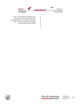 ROLE 1
PIONEER
ROLE 2
PROVIDER
time--some people will always be
suspicious of your optimism--but
assuming that the change has already
been made may help others break
through their initial inertia.
STANDOUT
ASSESSMENT
RESULTS
Darrell Armstrong
PIONEERPROVIDER
12
 