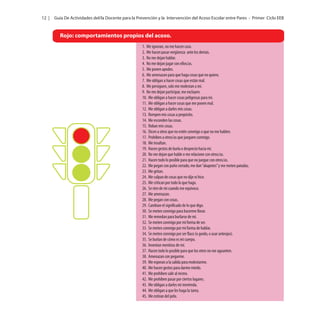 12 |

Guía De Actividades del/la Docente para la Prevención y la Intervención del Acoso Escolar entre Pares - Primer Ciclo EEB

Rojo: comportamientos propios del acoso.
1. Me ignoran, no me hacen caso.
2. Me hacen pasar vergüenza ante los demás.
3. No me dejan hablar.
4. No me dejan jugar con ellos/as.
5. Me ponen apodos.
6. Me amenazan para que haga cosas que no quiero.
7. Me obligan a hacer cosas que están mal.
8. Me persiguen, solo me molestan a mí.
9. No me dejan participar, me excluyen.
10. Me obligan a hacer cosas peligrosas para mí.
11. Me obligan a hacer cosas que me ponen mal.
12. Me obligan a darles mis cosas.
13. Rompen mis cosas a propósito.
14. Me esconden las cosas.
15. Roban mis cosas.
16. Dicen a otros que no estén conmigo o que no me hablen.
17. Prohíben a otros/as que jueguen conmigo.
18. Me insultan.
19. Hacen gestos de burla o desprecio hacia mí.
20. No me dejan que hable o me relacione con otros/as.
21. Hacen todo lo posible para que no juegue con otros/as.
22. Me pegan con puño cerrado, me dan “akapetes” y me meten patadas.
23. Me gritan.
24. Me culpan de cosas que no dije ni hice.
25. Me critican por todo lo que hago.
26. Se ríen de mi cuando me equivoco.
27. Me amenazan.
28. Me pegan con cosas.
29. Cambian el significado de lo que digo.
30. Se meten conmigo para hacerme llorar.
31. Me remedan para burlarse de mí.
32. Se meten conmigo por mi forma de ser.
33. Se meten conmigo por mi forma de hablar.
34. Se meten conmigo por ser flaco (o gordo, o usar anteojos).
35. Se burlan de cómo es mi cuerpo.
36. Inventan mentiras de mí.
37. Hacen todo lo posible para que los otros no me aguanten.
38. Amenazan con pegarme.
39. Me esperan a la salida para molestarme.
40. Me hacen gestos para darme miedo.
41. Me prohíben salir al recreo.
42. Me prohíben pasar por ciertos lugares.
43. Me obligan a darles mi merienda.
44. Me obligan a que les haga la tarea.
45. Me estiran del pelo.

 