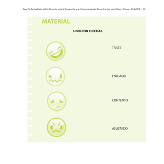 Guía De Actividades del/la Docente para la Prevención y la Intervención del Acoso Escolar entre Pares - Primer Ciclo EEB | 55

MATERIAL
UNIR CON FLECHAS

TRISTE

ENOJADO

CONTENTO

ASUSTADO

 