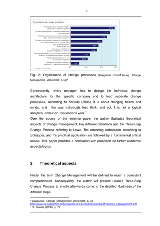 2
Fig. 2: Organization of change processes (Capgemini Ernst&Young: Change
Management 2003/2008, p.42)6
Consequently, every manager has to design the individual change
architecture for the specific company and to lead seperate change
processes. According to Shields (2006), it is about changing hearts and
minds, and the way individuals feel, think, and act. It is not a logical
analytical endeavor; it is leader’s work.7
Over the course of this seminar paper the author illustrates theoretical
aspects of change management, like different definitions and the Three-Step
Change Process referring to Lewin. The extending elaboration, according to
Schüppel, and it’s practical application are followed by a fundamental critical
review. This paper provides a conclusion with prospects on further academic
aspects/topics.
2 Theoretical aspects
Firstly, the term Change Management will be defined to reach a consistent
comprehension. Subsequently, the author will present Lewin’s Three-Step
Change Process to shortly afterwards come to the detailed illustration of the
different steps.
6 Capgemini: Change Management 2003/2008, p. 42
http://www.es.capgemini.com/resource-file-access/resource/pdf/Change_Management.pdf
7 cf. Shields (2006), p. 79
 