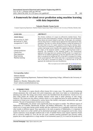 A framework for cloud cover prediction using machine learning with data ...