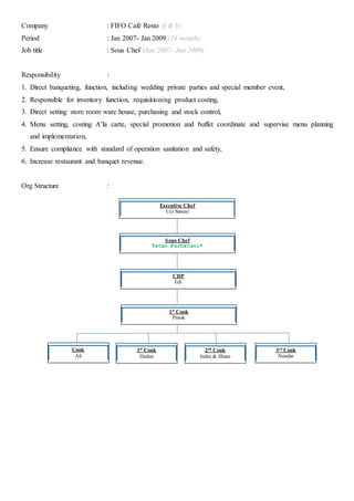 Company : FIFO Café Resto (f & b)
Period : Jan 2007- Jan 2009 (24 month)
Job title : Sous Chef (Jan 2007- Jan 2009)
Responsibility :
1. Direct banqueting, function, including wedding private parties and special member event,
2. Responsible for inventory function, requisitioning product costing,
3. Direct setting store room ware house, purchasing and stock control,
4. Menu setting, costing A’la carte, special promotion and buffet coordinate and supervise menu planning
and implementation,
5. Ensure compliance with standard of operation sanitation and safety,
6. Increase restaurant and banquet revenue.
Org Structure :
Executive Chef
Uci Sanusi
Sous Chef
Tatan Farhatani*
CDP
Edi
1st
Cook
Pinok
Cook
Ali
3rd Cook
Nendar
2nd Cook
Indra & Ilham
1st Cook
Deden
 