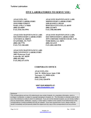 Turbine Lubrication
Page 12 of 12 Rev: 10/18/05
Analysts, Inc.
www.analystsinc.com
SM
FIVE LABORATORIES TO SERVE YOU:
ANALYSTS, INC.
WESTERN LABORATORY
2910 FORD STREET
OAKLAND, CA 94601
(800) 424-0099
FAX (510) 536-5994
ANALYSTS MAINTENANCE LABS
MIDWESTERN LABORATORY
2450 HASSELL ROAD
HOFFMAN ESTATES, IL 60195
(800) 222-0071
FAX (708) 884-8098
ANALYSTS MAINTENANCE LABS
SOUTHWESTERN LABORATORY
12715 ROYAL DRIVE
STAFFORD, TX 77477
(800) 248-7778
FAX (713) 240-4481
ANALYSTS MAINTENANCE LABS.
SOUTHWESTERN LABORATORY
3075 CORNERS NORTH COURT, N.W.
NORCROSS, GA 30071
(800) 241-6315
FAX (404) 448-5918
ANALYSTS MAINTENANCE LABS
MID-CONTINENT LABORATORY
1803 Watterson Trail
Louisville, KY 40299
(888) 491-6063
FAX (502) 671-5370
CORPORATE OFFICE
ANALYSTS, INC.
2441 W. 205th Street, Suite C100
Torrance, CA 90501-6236
(800) 336-3637
FAX (310) 320-0970
VISIT OUR WEBSITE AT:
www.AnalystsInc.com
Disclosure
This correspondence and any of its attachments may contain Analysts, Inc. proprietary information, which is
privileged, confidential, or subject to copyright belonging to Analysts, Inc. The information is intended solely for the
use of the individual or entity to which it is addressed. If you are not the intended recipient, you are hereby notified
that any dissemination, distribution, copying, or action taken in relation to the contents of and attachments to this
correspondence is strictly prohibited and may be unlawful. If you have received this in error, please notify the
sender immediately and permanently delete the original and any copy of this correspondence and any printout.
 
