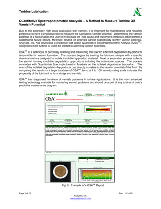 Turbine Lubrication
Page 5 of 12 Rev: 10/18/05
Analysts, Inc.
www.analystsinc.com
SM
Quantitative Spectrophotometric Analysis – A Method to Measure Turbine Oil
Varnish Potential
Due to the potentially high costs associated with varnish, it is important for maintenance and reliability
personnel to have a predictive tool to measure the lubricant’s varnish potential. Determining the varnish
potential of a fluid enables the user to investigate the root cause and implement corrective action before a
catastrophic failure occurs. However, routine oil analysis cannot successfully identify varnish potential.
Analysts, Inc. has developed a predictive test called Quantitative Spectrophotometric Analysis (QSASM
),
designed to help turbine oil users be alerted to alarming varnish potentials.
QSASM
is a technique of purposely isolating and measuring the specific lubricant degradation by-products
responsible for varnish formation. The process begins by treating the lubricant sample with a specific
chemical mixture designed to isolate insoluble by-product material. Next, a separation process collects
the varnish forming insoluble degradation by-products including the sub-micron species. The process
concludes with Quantitative Spectrophotometric Analysis on the isolated degradation by-product. The
color of the isolated degradation by-products can directly correlate to the varnish potential of the fluid. By
comparing the results to a large database of QSASM
tests, a 1 to 100 severity rating scale indicates the
propensity of the lubricant to form sludge and varnish.
QSASM
has diagnosed hundreds of varnish problems in turbine applications. It is the most advanced
testing technology available for monitoring varnish problems and should be a part of any turbine oil user’s
predictive maintenance program.
Fig. 5: Example of a QSASM
Report
 