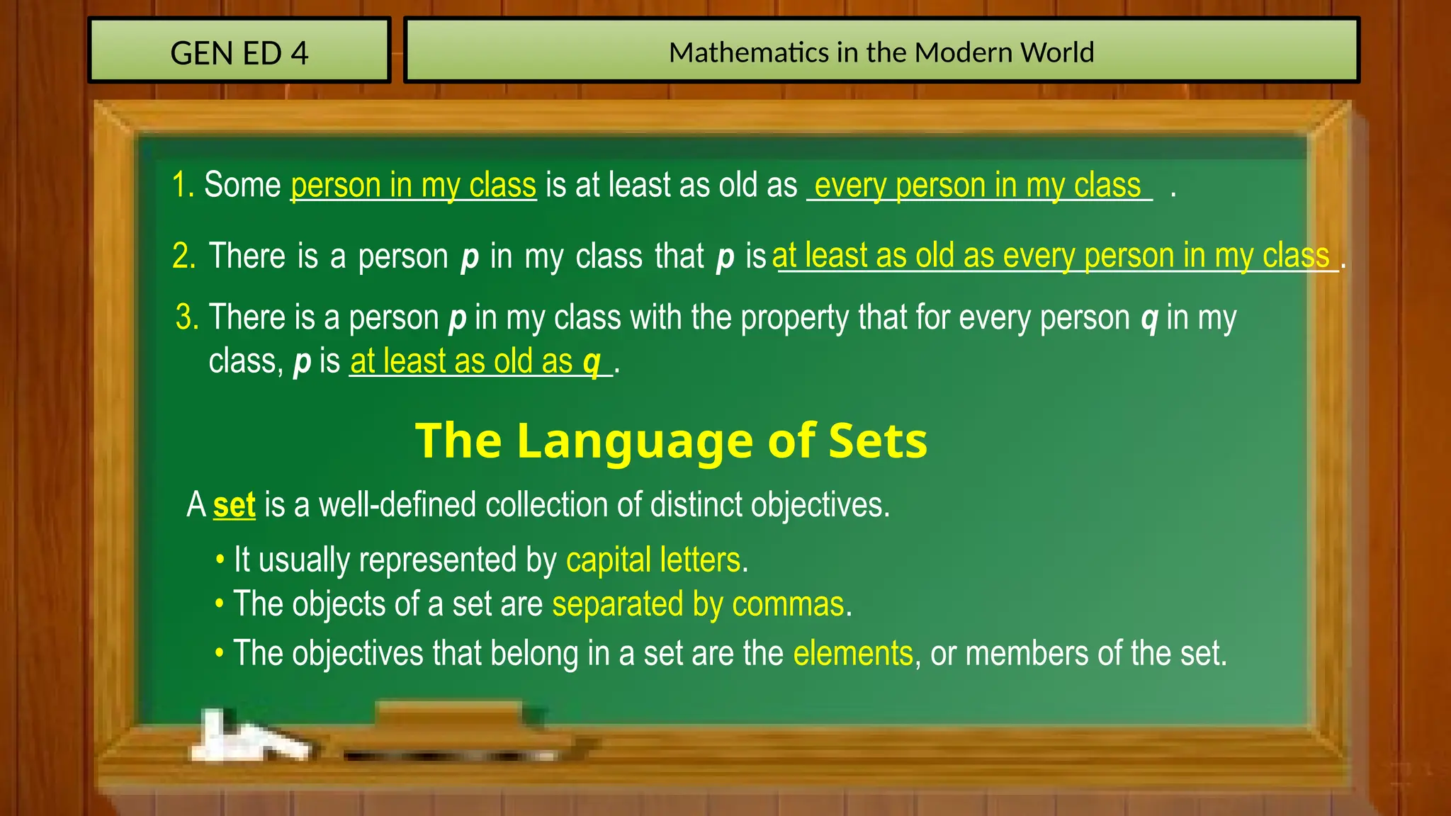 GEN ED 4 Mathematics in the Modern World
1. Some _______________ is at least as old as _____________________ .
person in my class every person in my class
2. There is a person p in my class that p is __________________________________.
at least as old as every person in my class
3. There is a person p in my class with the property that for every person q in my
class, p is ________________.
at least as old as q
The Language of Sets
A set is a well-defined collection of distinct objectives.
• It usually represented by capital letters.
• The objects of a set are separated by commas.
• The objectives that belong in a set are the elements, or members of the set.
 